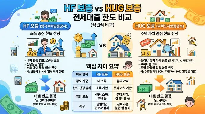 나의 연봉을 보는 HF 보증과 들어갈 집의 가치를 보는 HUG 보증의 전세대출 한도 차이를 직관적으로 비교한 인포그래픽