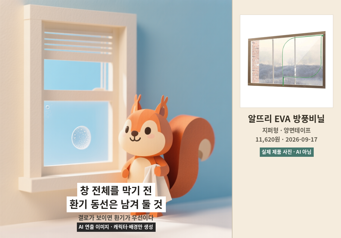 결로가 생긴 창을 환기하는 다람쥐 캐릭터와 지퍼형 방풍비닐 실제 제품 사진