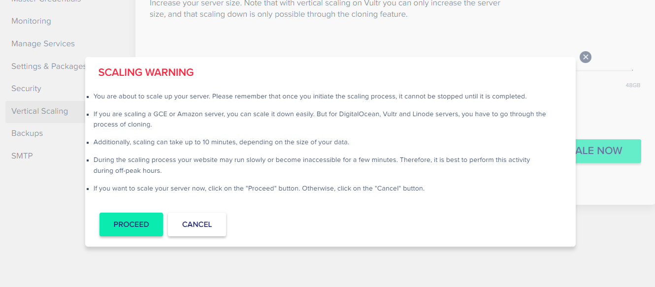 클라우드웨이즈: 서버 업그레이드 &amp; 요금제 변경 - 경고