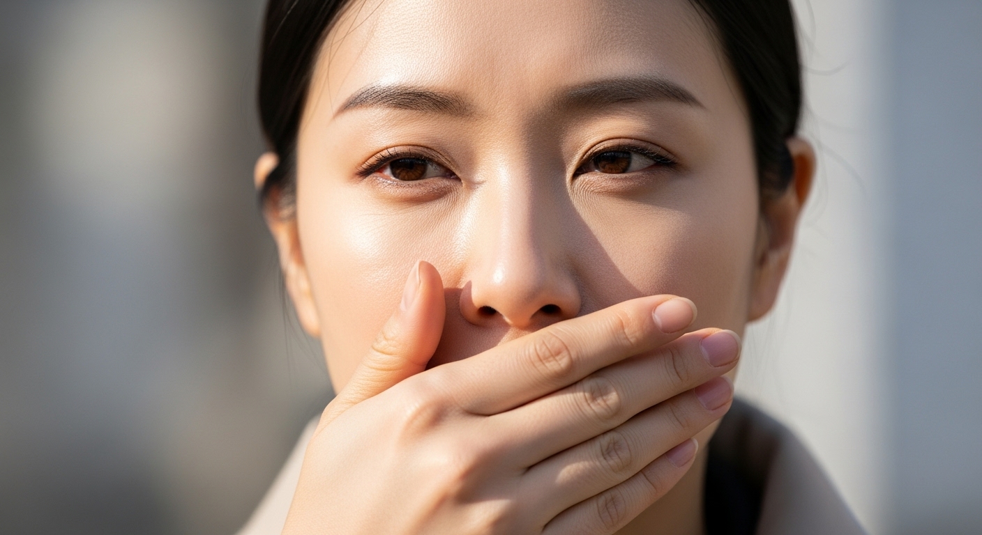 입술이 바싹 마른 여성이 손으로 입을 가리는 모습