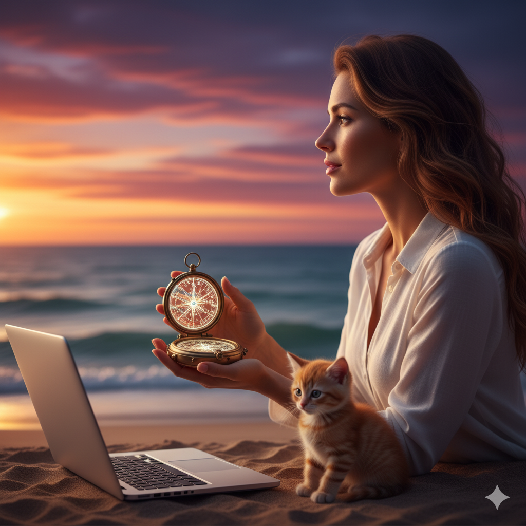 해 질 녘 해변에서 여성이 나침반(데이터)을 들고 먼바다를 바라보는 모습