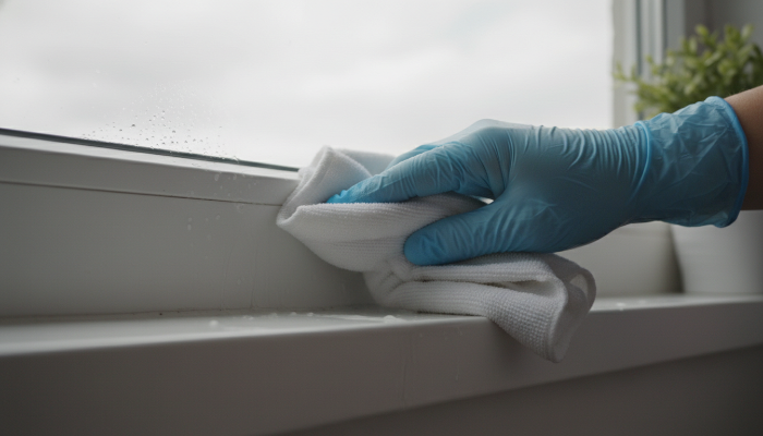 마른 걸레로 창틀의 물기를 꼼꼼하게 닦아내며 결로를 예방하는 손.