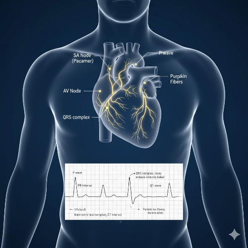심장의 전기 신호 흐름과 정상적인 심전도(ECG) 파형을 보여주는 도식도