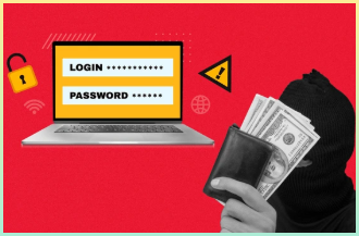 온라인 해커가 컴퓨터에서 돈을 훔칩니다. 돈과 개인 데이터를 훔칩니다. 계정 해킹, 로그인 및 비밀번호 선택, 인터넷 사기꾼, 현대 미술 콜라주, 빨간색 배경