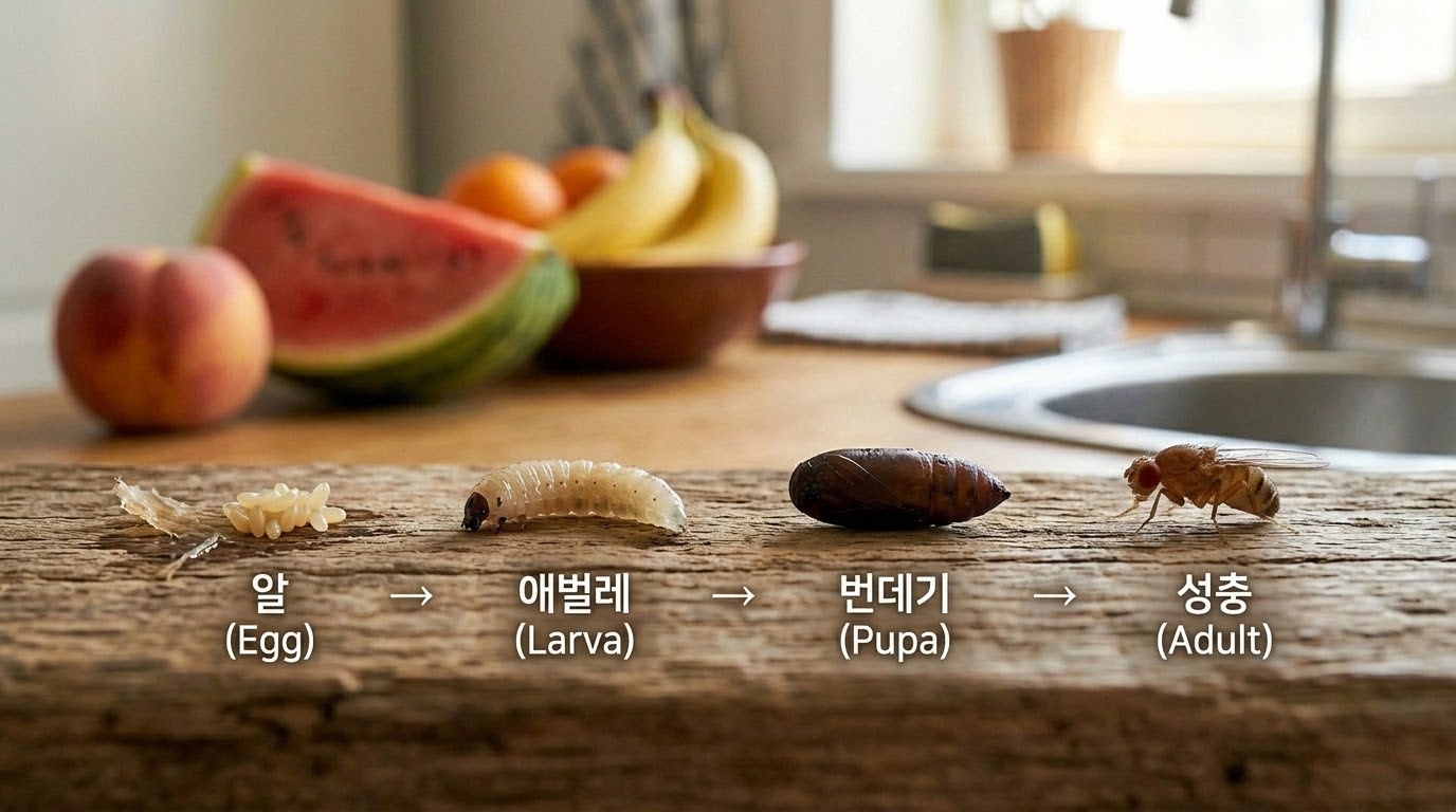 작은 날벌레들은 종류가 달라도 대체로 비슷한 성장 과정을 거칩니다.

알 &rarr; 애벌레 &rarr; 번데기 &rarr; 성충