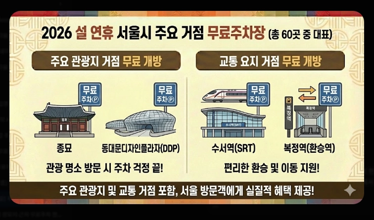 [귀성길] 주요 거점 무료주차장(2026년, 설 연휴, 서울시)(+ 환승주차장)