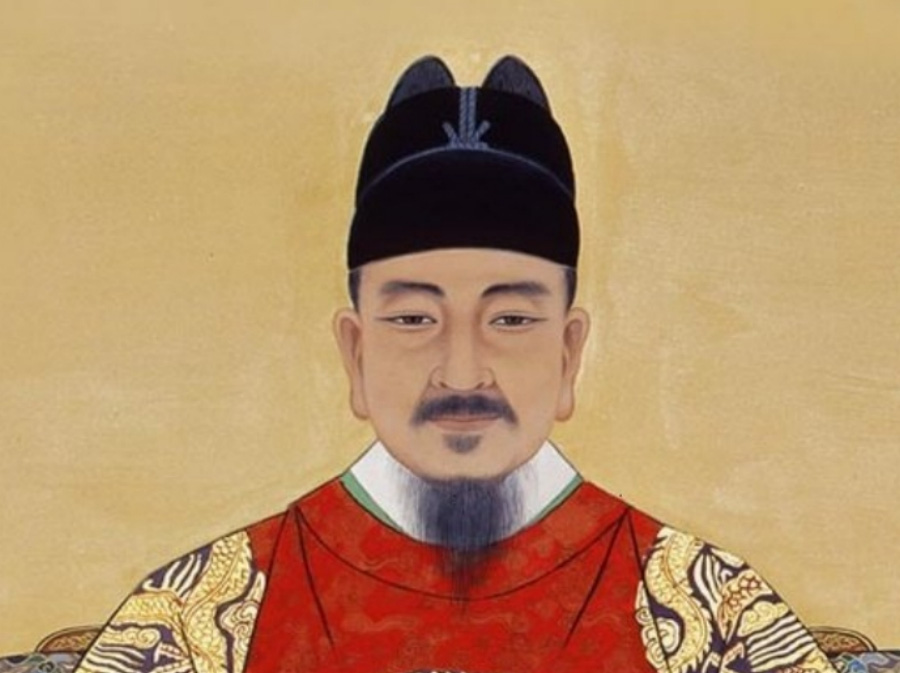 조선의 4대 왕인 세종대왕의 얼굴과 상반신을 그린 영정 그림을 찍은 사진