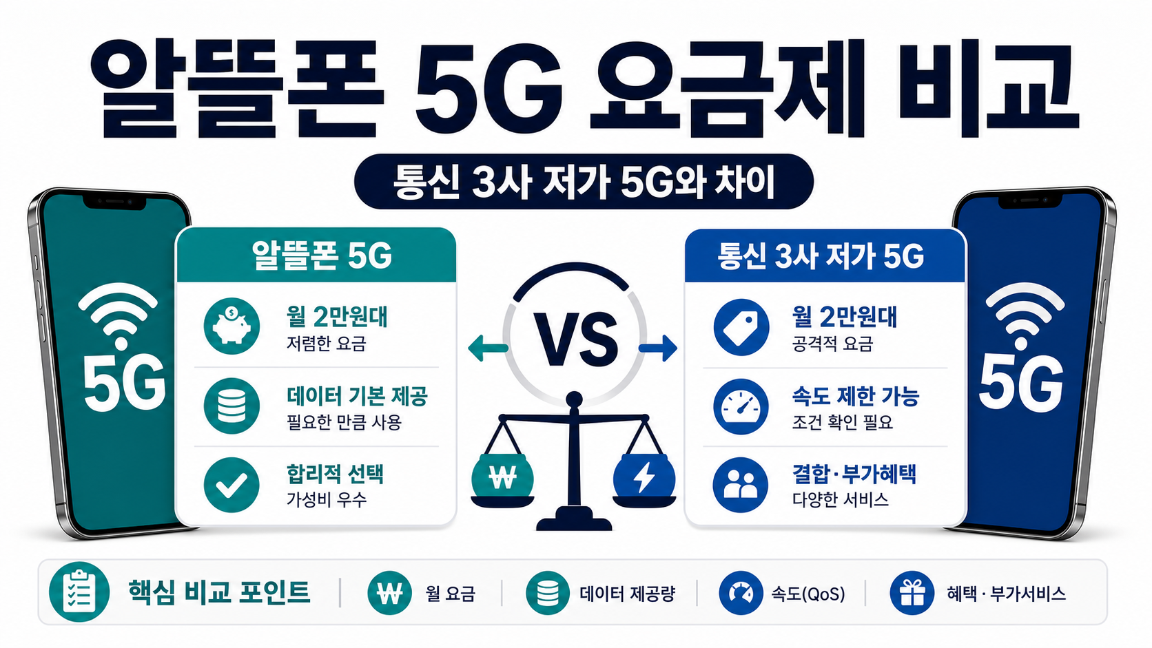 알뜰폰 5G 요금제 비교와 통신 3사 저가 5G 차이를 보여주는 이미지