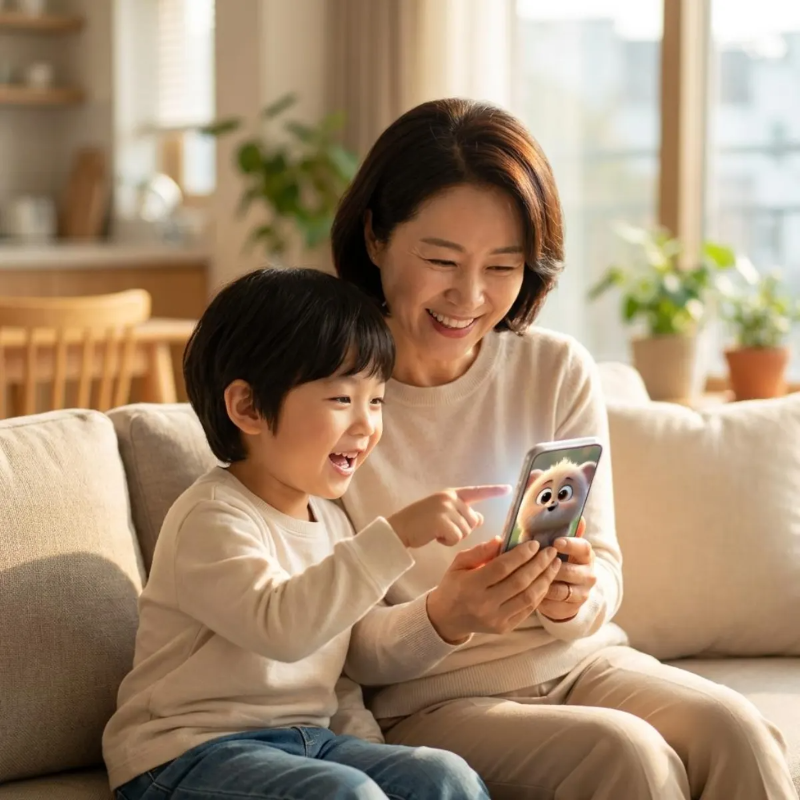 스마트폰 화면 속 귀여운 AI 캐릭터를 함께 보며 즐거워하는 한국인 할머니와 어린 손자의 다정한 모습