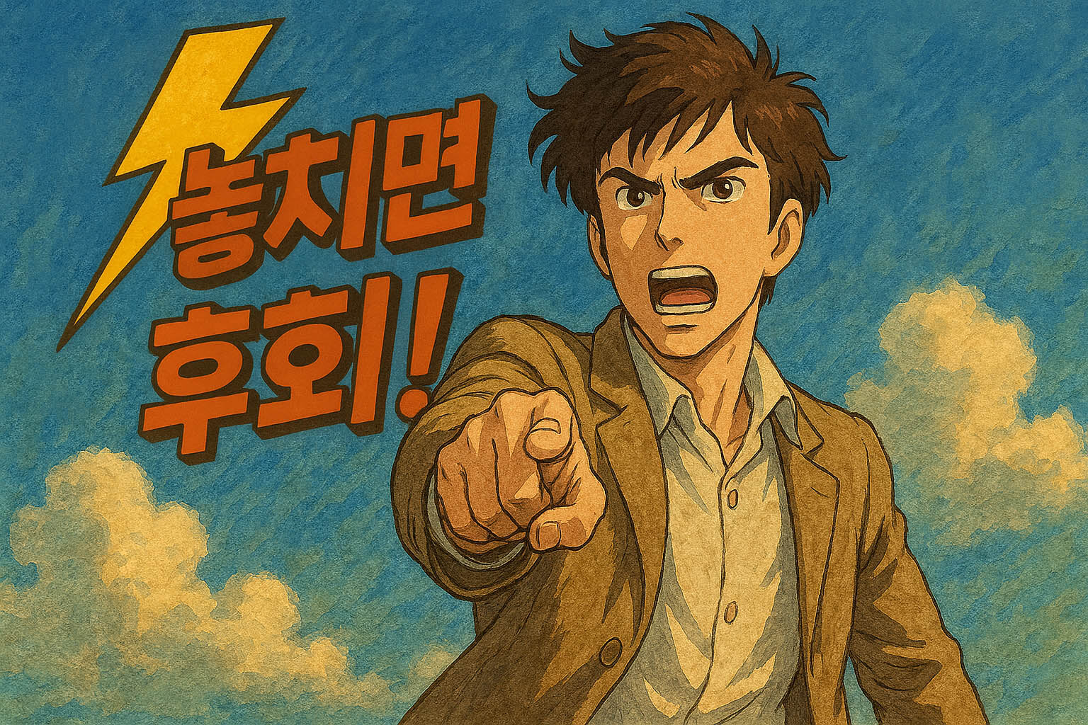 "놓치면 후회!"라는 문구와 함께 손가락으로 가리키며 경고하는 남성이 역동적으로 그려진 만화풍 이미지. 강한 의지와 다급함을 표현하여 시선을 끈다