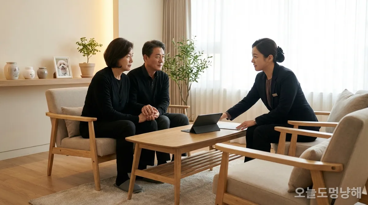 반려동물 장례식장에서 상담하는 한국인 가족
