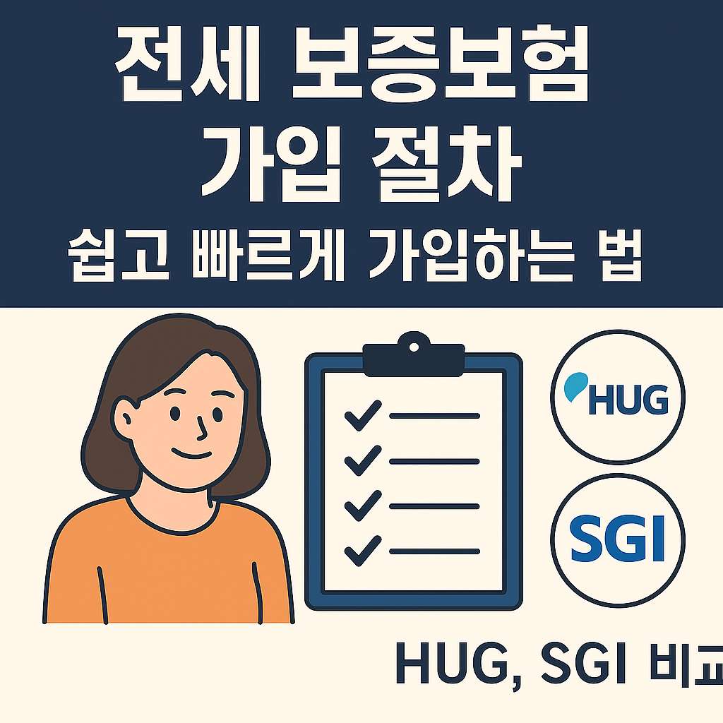 HUG와 SGI를 비교하며 전세보증보험 가입 절차를 안내하는 인포그래픽 썸네일. 체크리스트와 로고 아이콘이 등장하며 가입 과정을 설명하는 구조의 이미지.