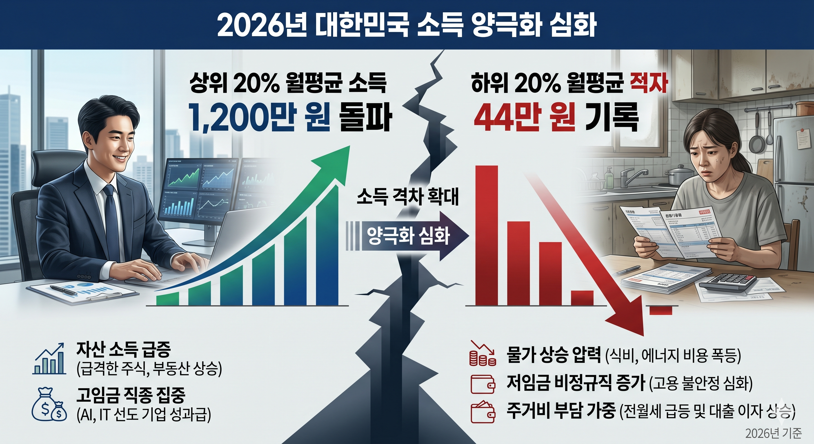 상위 20% 월소득 1,200만 원 돌파, 하위 20%는 월 44만 원 적자인 이유