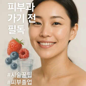 * 이미지 프롬프트: 깨끗하고 밝은 하이키 조명의 스튜디오 배경. 건강하고 윤기나는 피부를 가진 30대 한국인 여성이 정면을 보고 만족스럽게 미소짓고 있다. 여성의 얼굴 주변으로 피부과 시술을 암시하는 부드럽고 미니멀한 빛의 라인과 함께, 신선한 베리류와 물 한 잔 이미지가 반투명하게 오버랩된 그래피티 아트 스타일. 전체적으로 고급스러운 뷰티 매거진 화보 느낌. 얼굴 중심의 클로즈업 샷.
* 썸네일 텍스트(제목): 피부과 가기 전 필독
* 해시태그: #시술꿀팁 #피부졸업