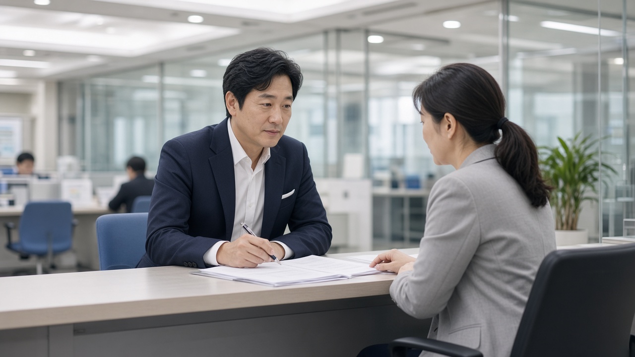 시청&middot;구청 민원창구에서 취득세 서류를 확인하는 40대 한국인 남성