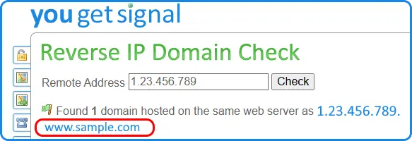 Found 1 domain hosted on the same web server as 1.23.456.789
www.sample.com