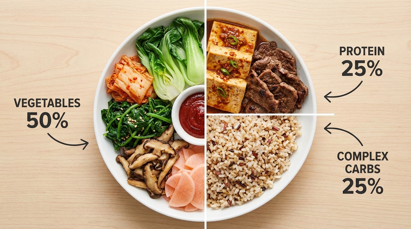 채소, 단백질, 복합 탄수화물이 이상적인 비율로 구성된 한국식 다이어트 식판 이미지