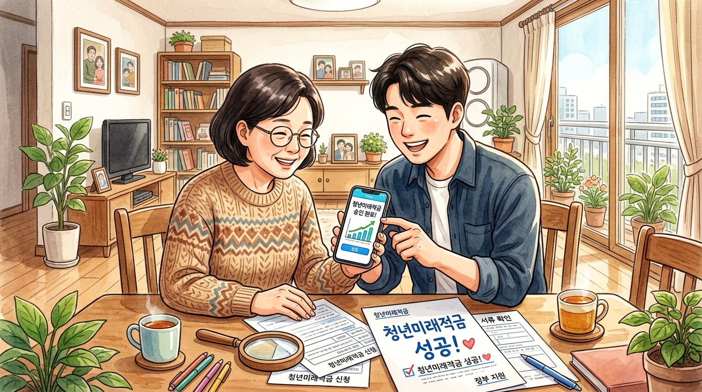 아들과 엄마가 식탁에 앉아 돋보기를 들고 스마트폰 화면과 서류를 꼼꼼히 대조하며 청년미래적금 승인 완료된 것을 보고 웃고 있는 모습.
