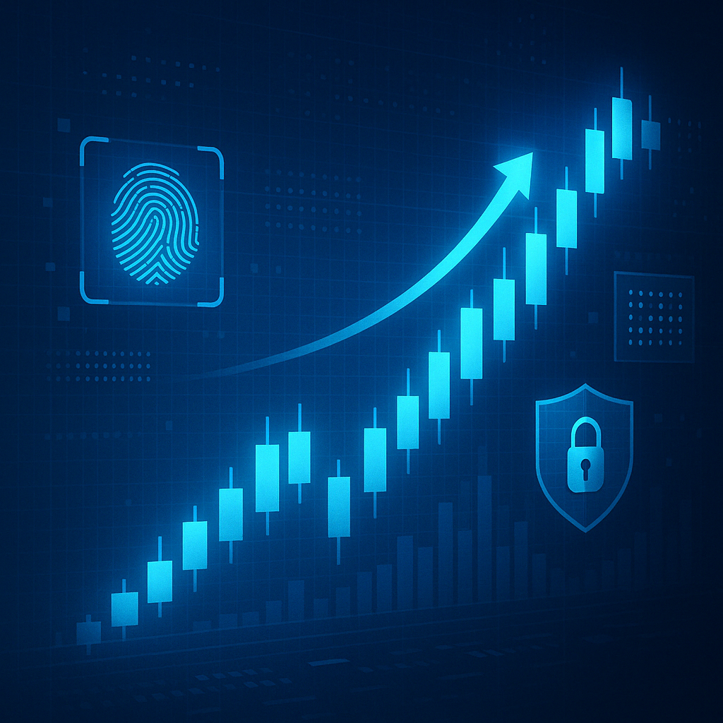 주가 상승을 상징하는 캔들차트와 디지털 보안 아이콘이 조화를 이루는 기술 기업 성장 일러스트