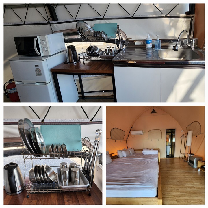 싱크대, 전자렌지, 냉장고, 접시, 침대