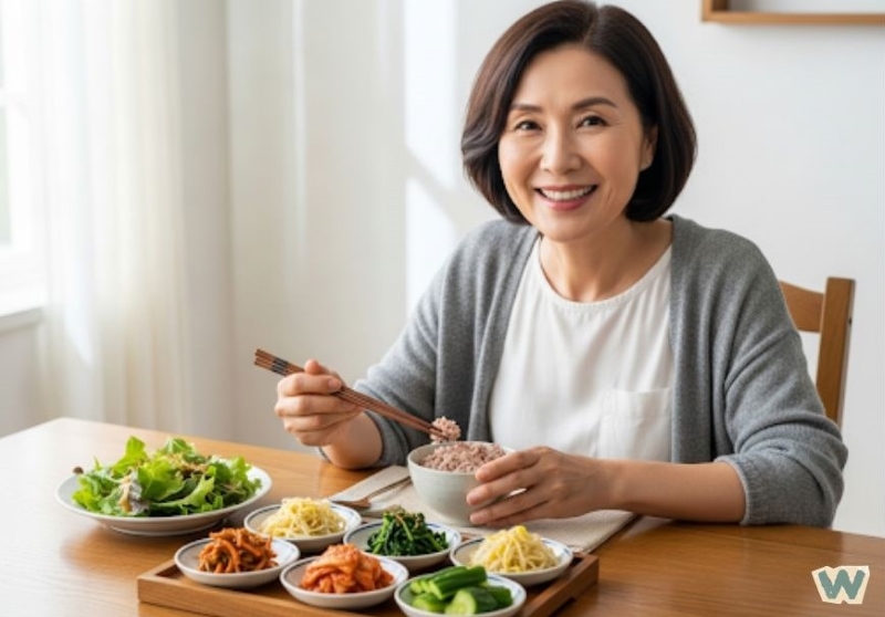 여러 반찬과 잡곡밥으로 건강한 식사를 하는 중년 여성 via canva