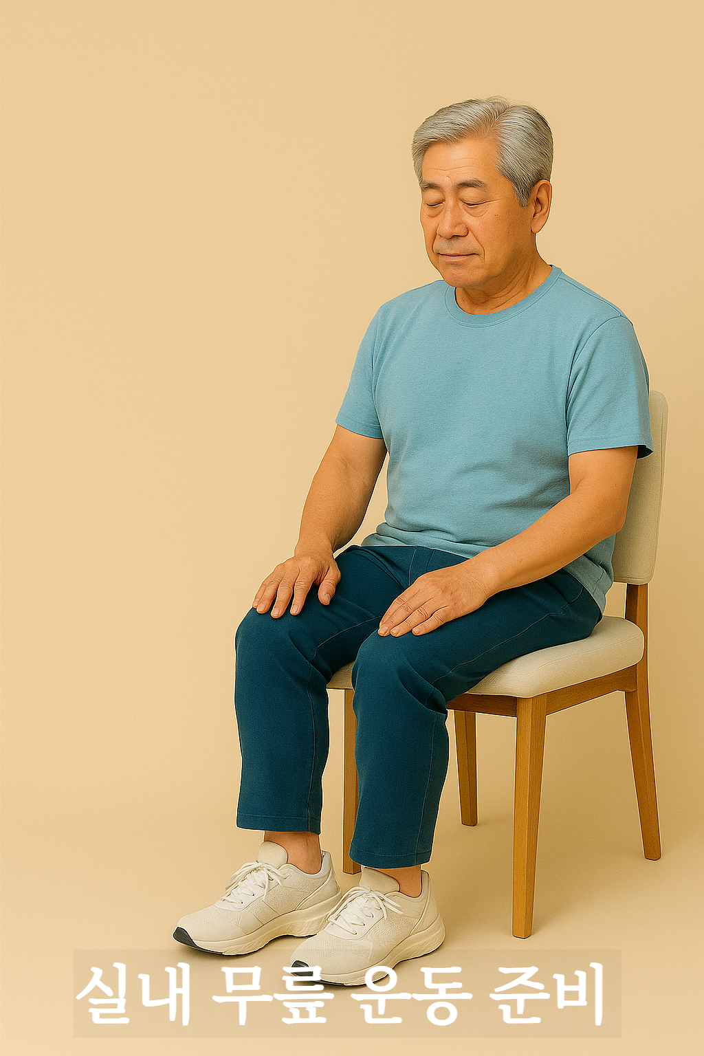 실내에서 무릎 운동을 준비하는 60대 남성 이미지 실내 무릎 운동 준비 문구