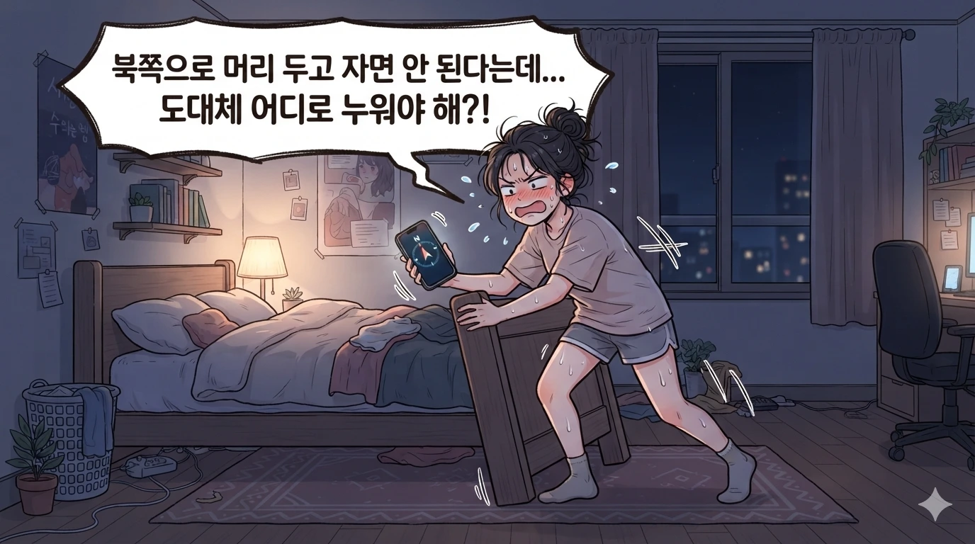 나침반을 보며 침대 머리 방향 때문에 고민하는 만화 캐릭터와 말풍선이 담긴 가로형 웹툰 일러스트
