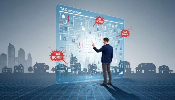 2026년 다주택자 양도세 중과로 세금폭탄 위험을 분석하는 남성 모습, 서울 아파트와 주택 보유에 따른 세금 시뮬레이션 이미지