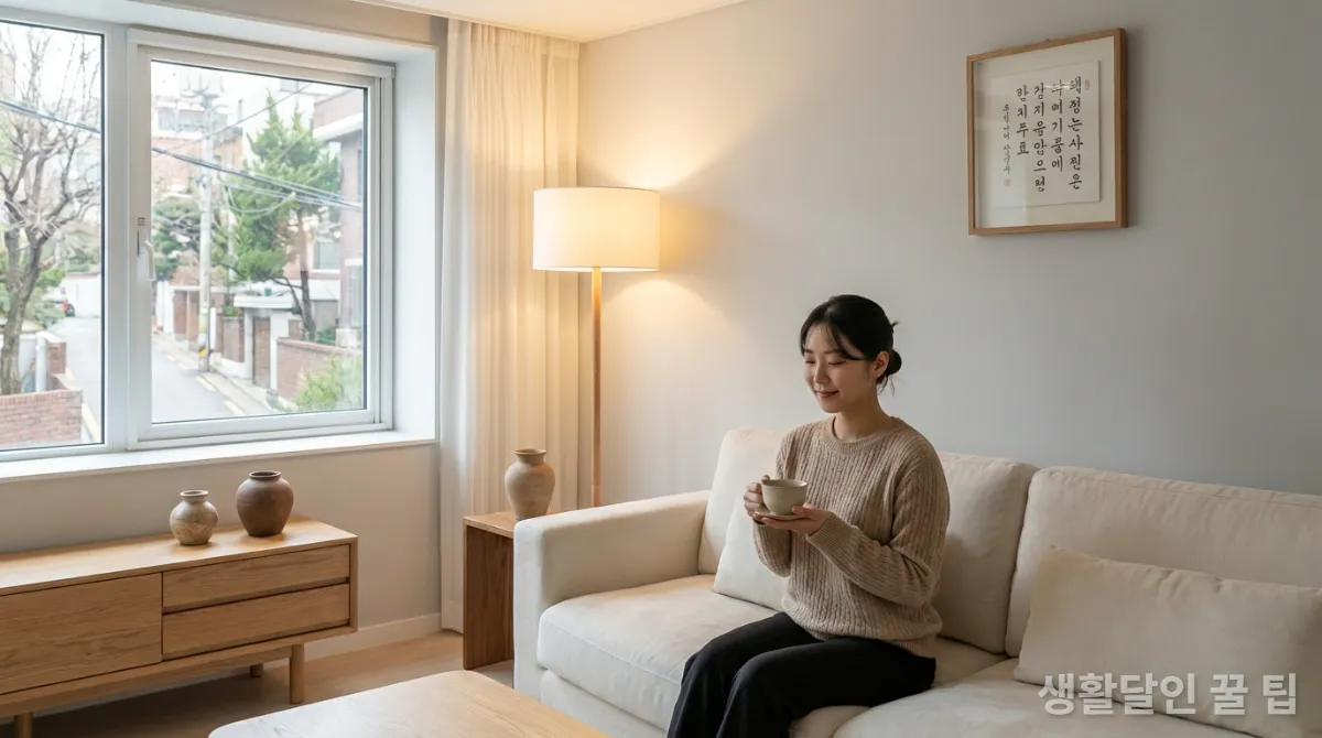 깔끔하게 정리된 한국 거실에서 차를 마시며 편안함을 느끼는 여성