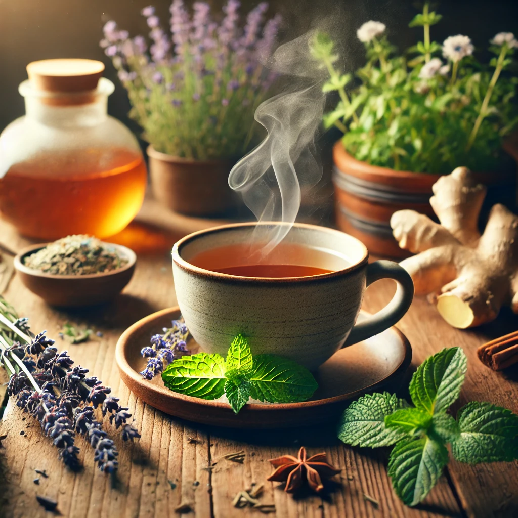 따뜻한 무드의 허브차 컵이 나무 테이블 위에 놓인 cozy한 분위기!