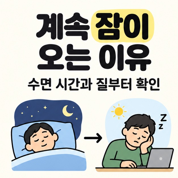 계속 잠이 오는 이유 제목 아래 밤에 자는 사람과 낮에 노트북 앞에서 조는 사람을 화살표로 연결한 대표 이미지