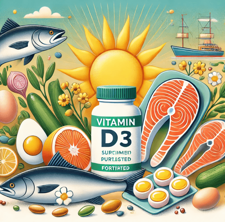 기름진 생선 , 강화식품 , 달걀노른자 등 비타민 D 가 풍부한 식품과 비타민 D3 보충제 한 병 , 천연자원을 상징하는 햇빛 배경을 강조한 그림