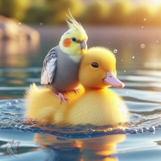 물에-떠-있는-노란-엄마오리-등에-앉아있는-앵무새가-연뭇을-가로지르고-있음