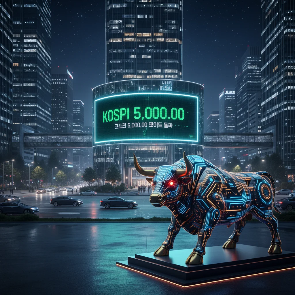 2026년 서울 여의도 금융가 야경을 배경으로 코스피 5,000 포인트가 적힌 전광판과 반도체 회로 기판 질감의 황소상