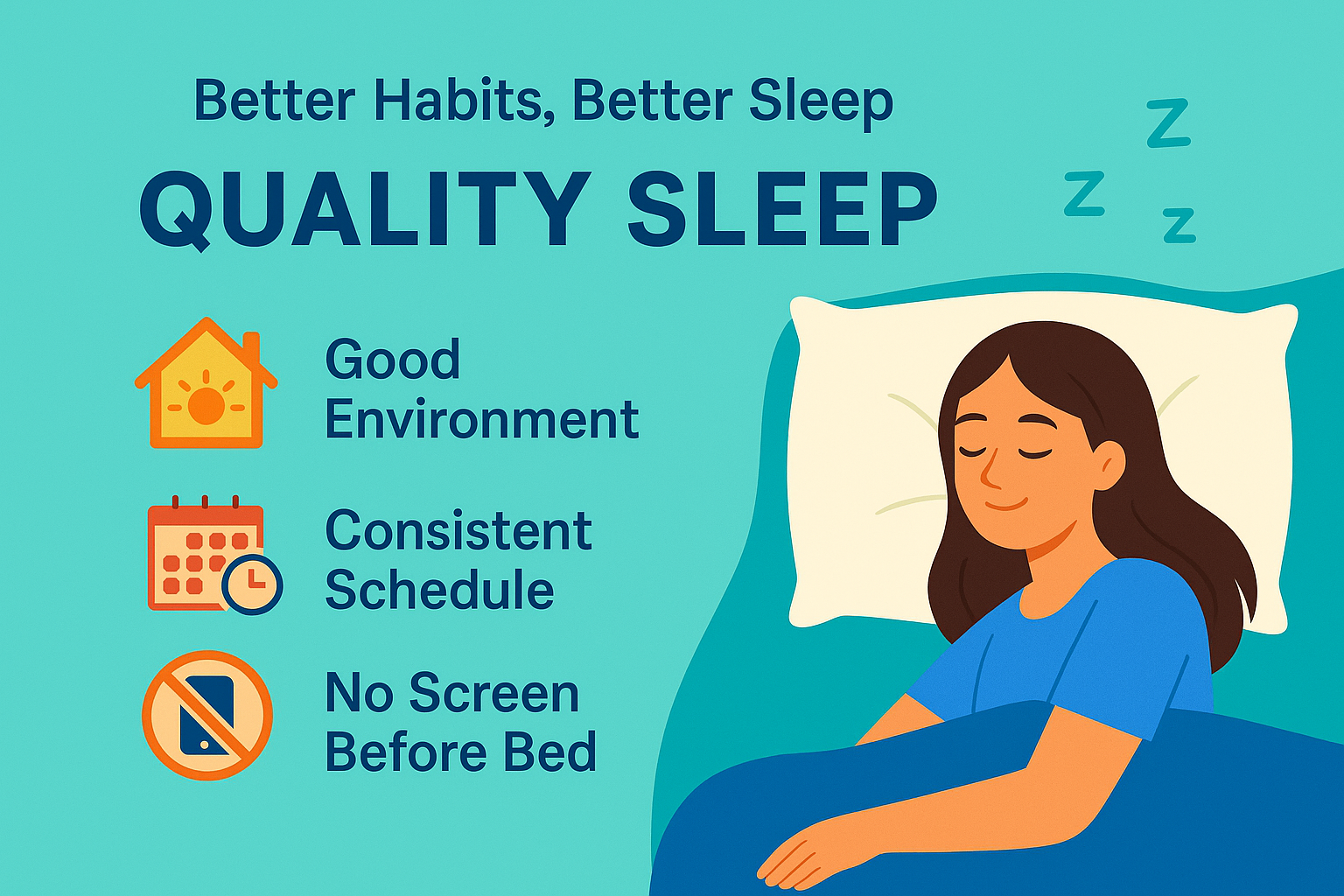 면의 질을 높이는 방법을 설명한 인포그래픽으로, 왼쪽에는 좋은 환경·규칙적인 수면 일정·취침 전 스크린 사용 금지 아이콘이 배치되어 있고, 오른쪽에는 편안하게 잠든 여성이 그려진 가로형 수면 가이드 이미지