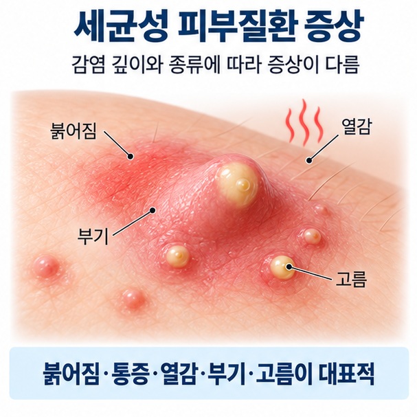 세균성 피부질환 증상이라는 제목과 피부 발적 부기 열감 고름을 과장 없이 표현한 대표 의료 인포그래픽 이미지