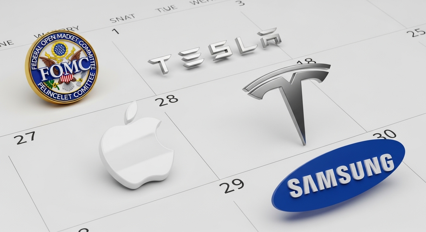 3D image highlighting the last week of January on a calendar, with FOMC, Tesla, Apple, and Samsung logos popping up.