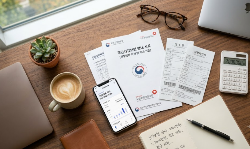 원목 책상 위에 놓인 국민건강보험 안내 서류, 영수증, 펜, 계산기, 그리고 스마트폰 화면이 깔끔하게 정돈된 오버헤드 플랫레이 사진, 전문적인 금융 분위기의 이미지