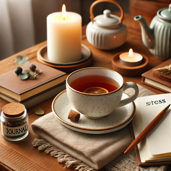 허브차, 일기장, 촛불이 놓인 아늑한 공간에서의 스트레스 완화 생활 습관