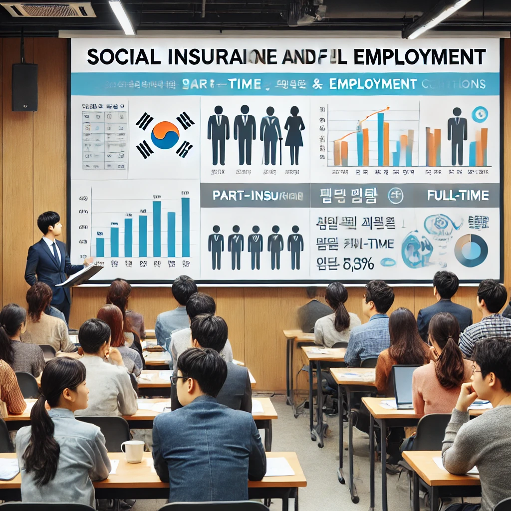 다양한 한국 근로자들이 사회 보험과 근로 조건에 대한 세미나에 참석하는 장면