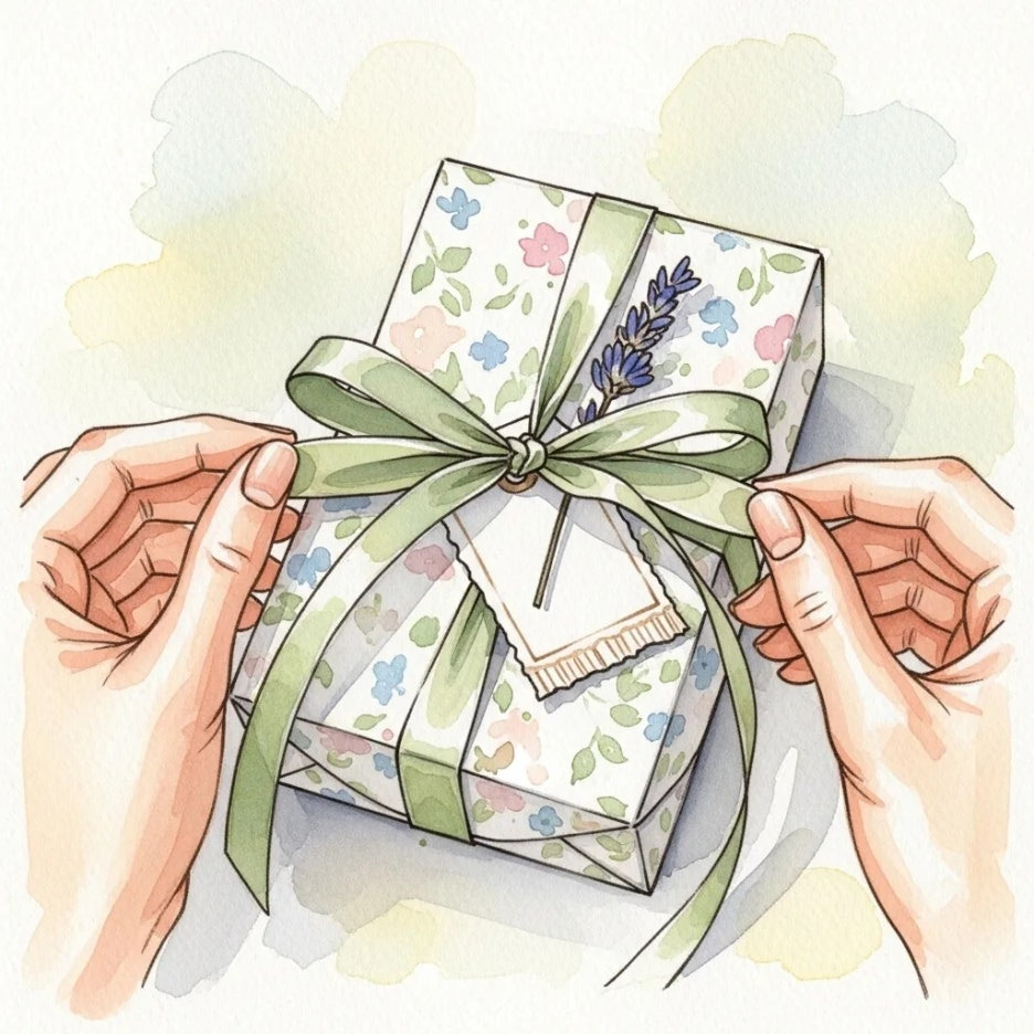 예쁘게 포장된 선물 상자에 리본을 묶는 손