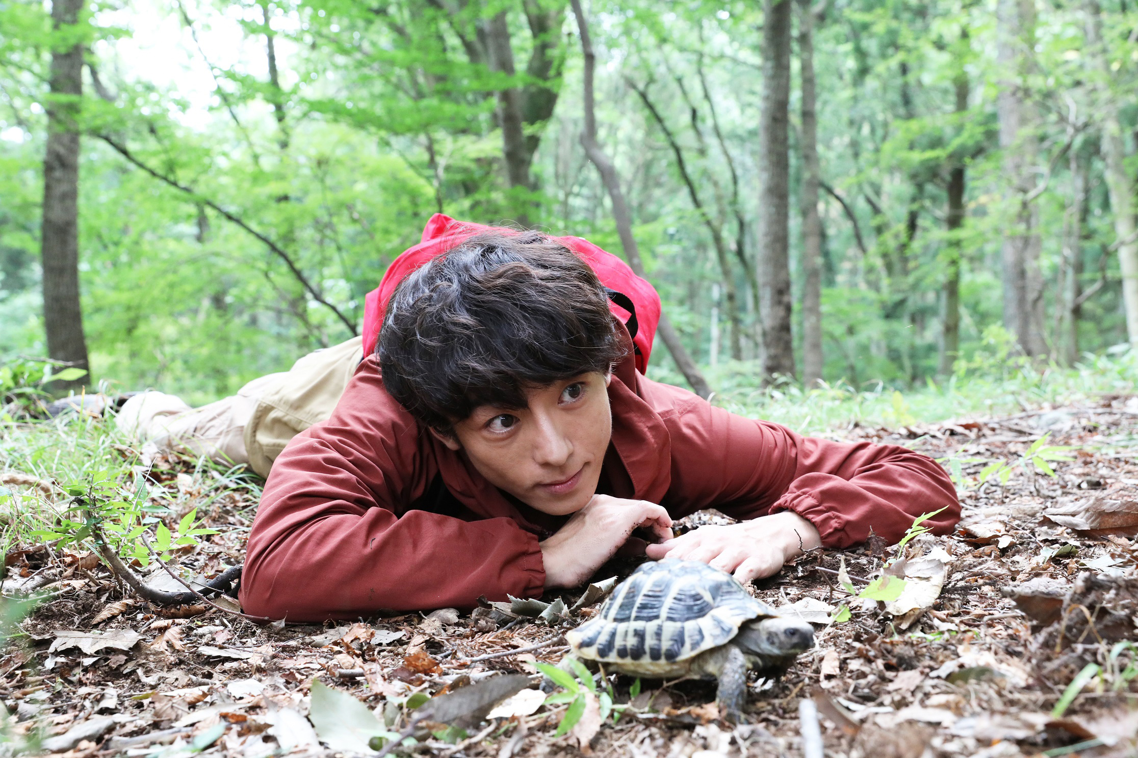 주인공 카즈키가 거북이와 함께 산에 엎드려 뭔가를 관찰하고 있다
