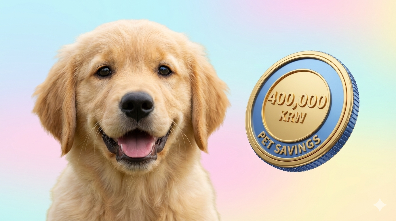 귀여운 골든 리트리버 강아지가 웃고 있고, 그 옆에 '400,000원 지원'이라고 적힌 동전 그래픽이 떠 있는 밝은 이미지