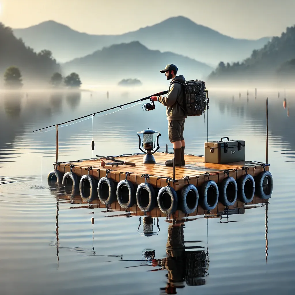 호수 위 좌대 낚시를 즐기는 낚시꾼의 모습