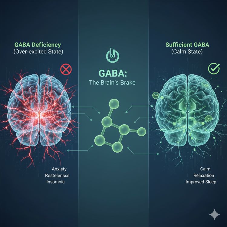 뇌 단면도에 가바 분자들이 시냅스를 통과하며 신경세포의 과도한 흥분을 진정시키는 모습을 시각화. 왼쪽은 가바 부족으로 신경이 과도하게 흥분된 상태(붉은색), 오른쪽은 가바가 충분하여 안정된 상태(파란색)를 대비. 중앙에 "뇌의 브레이크" 아이콘. 평화롭고 안정적인 파란색과 초록색 톤의 의학 인포그래픽