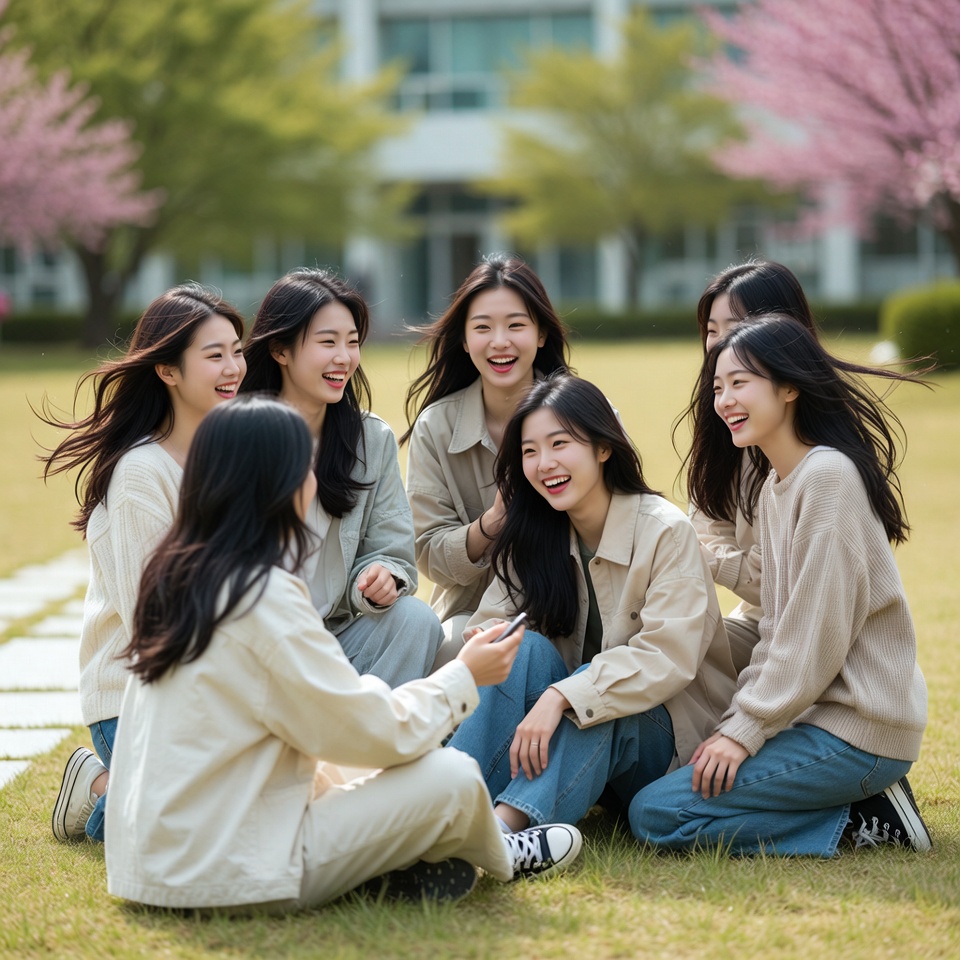 봄날시 대학 캠퍼스 잔듸에서 여학생 7명이 모여 얘기하고 있는 모습