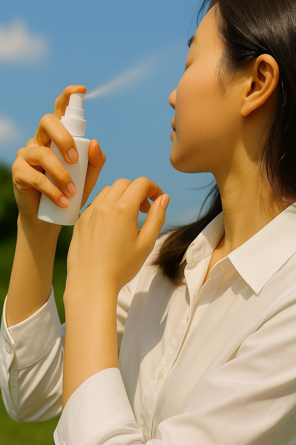 보습미스트 뿌리는 여성 이미지