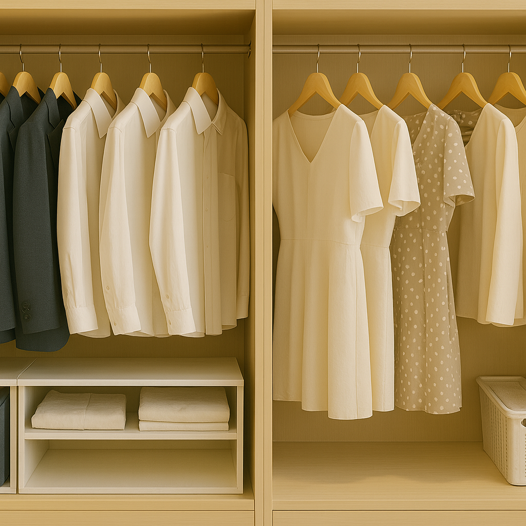 부부가 구역을 나눠 옷을 정리한 드레스룸