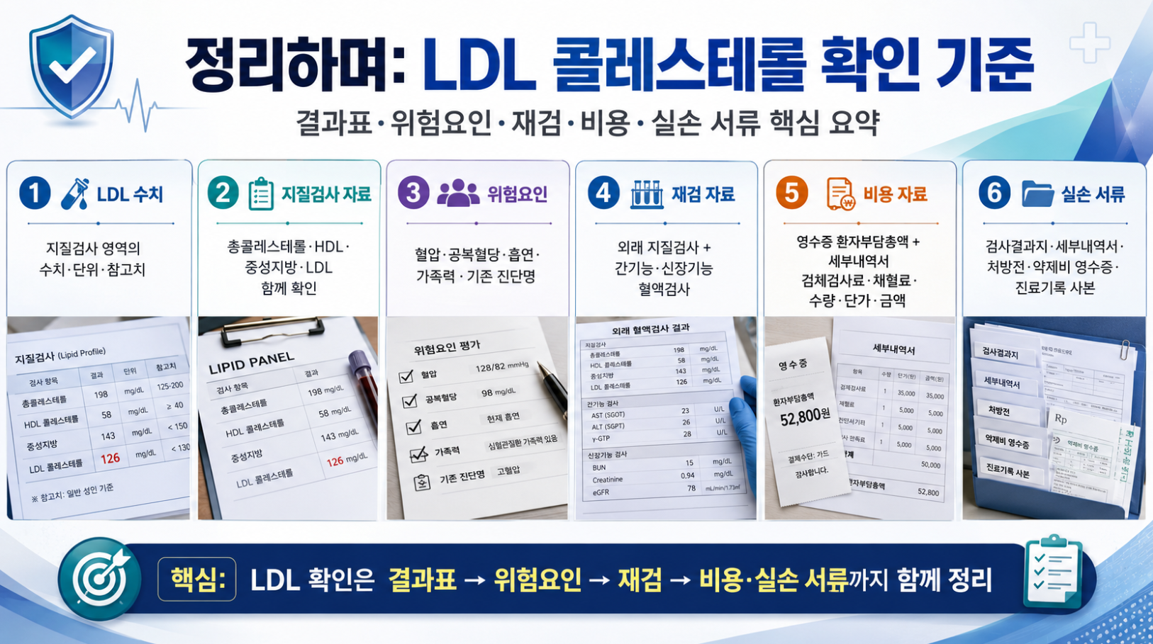 LDL 콜레스테롤 확인 기준을 결과표, 위험요인, 재검, 비용, 실손 서류 순서로 요약한 인포그래픽