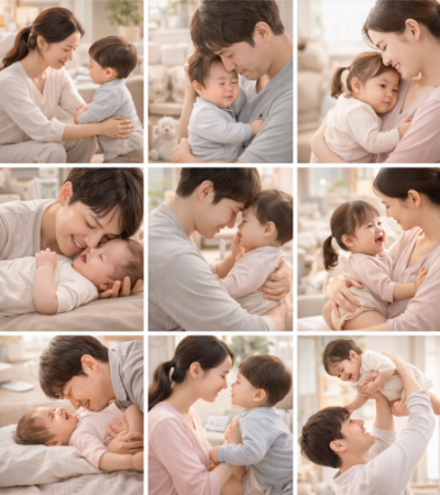 집에서 엄마가 아기를 안고 눈을 맞추는 모습, 육아 일상 속 부모와 아이 교감 장면